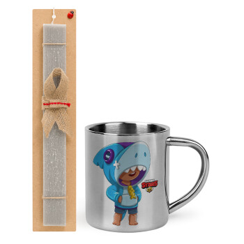 Brawl Stars Leon Shark, Easter Set, metallic thermal cup (300ml) & Easter aromatic flat candle (30cm) (GRAY)