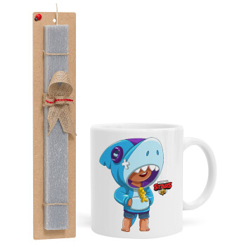 Brawl Stars Leon Shark, Easter Set, Ceramic Cup (330ml) & Easter aromatic flat candle (30cm) (GRAY)