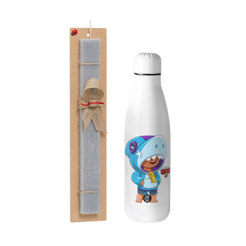 Brawl Stars Leon Shark, Easter Set, metallic stainless thermos bottle (500ml) & scented flat Easter candle (30cm) (GRAY)