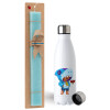 Easter Set, metallic stainless steel water bottle (750ml) & aromatic flat Easter candle (30cm) (TURQUOISE)