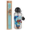 Easter Set, metallic silver aluminum water bottle (500ml) & scented flat Easter candle (30cm) (TURQUOISE)
