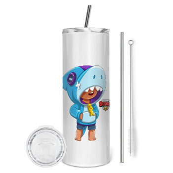 Brawl Stars Leon Shark, Tumbler stainless steel 600ml, with metal straw & cleaning brush
