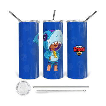 Brawl Stars Leon Shark, Tumbler ποτήρι θερμό από ανοξείδωτο ατσάλι 600ml, με μεταλλικό καλαμάκι & βούρτσα καθαρισμού