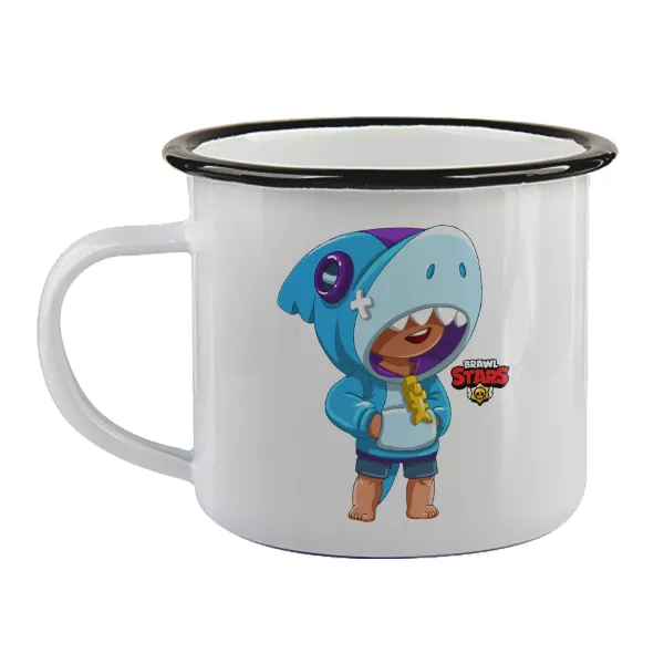 Brawl Stars Leon Shark — Enamel mug with black rim, 360ml