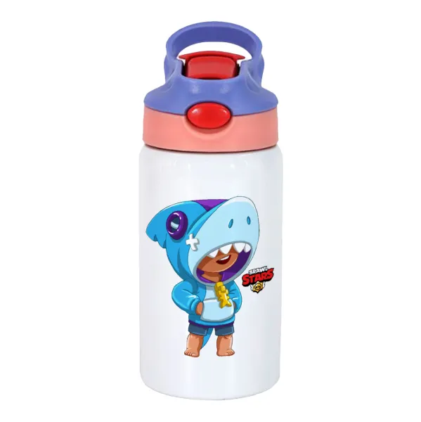 Brawl Stars Leon Shark — Children's hot water bottle, stainless steel, with safety straw, pink/purple (350ml)