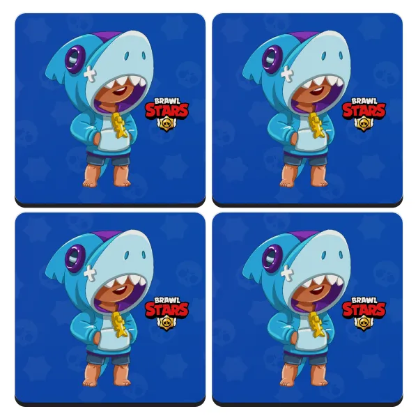Brawl Stars Leon Shark — Set of 4 square wooden coasters (9cm)