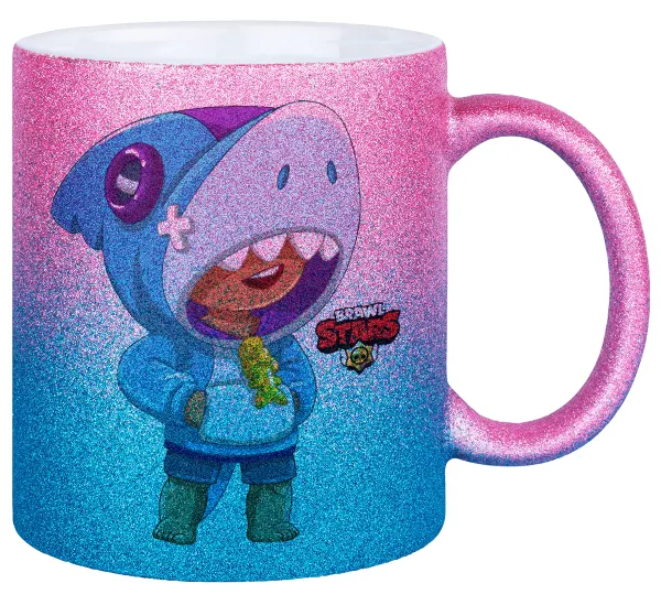 Brawl Stars Leon Shark — Gold/blue glitter mug, ceramic, 330ml