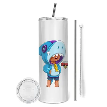 Brawl Stars Leon Shark, Tumbler ποτήρι θερμό από ανοξείδωτο ατσάλι 600ml, με μεταλλικό καλαμάκι & βούρτσα καθαρισμού