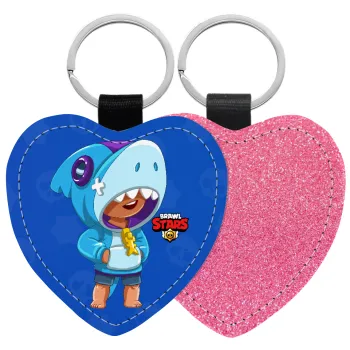 Brawl Stars Leon Shark, Μπρελόκ PU δερμάτινο glitter καρδιά ΡΟΖ