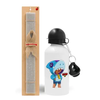 Brawl Stars Leon Shark, Easter Set, metallic aluminum water bottle (500ml) & aromatic flat Easter candle (30cm) (GRAY)