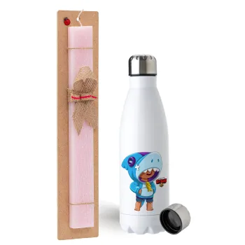 Brawl Stars Leon Shark, Easter Set, metallic stainless steel water bottle (750ml) & scented flat Easter candle (30cm) (PINK)