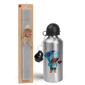 Brawl Stars Leon Shark, Easter Set, metallic silver aluminum water bottle (500ml) & aromatic flat Easter candle (30cm) (GRAY)
