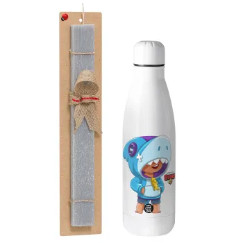 Brawl Stars Leon Shark, Easter Set, metallic stainless thermos bottle (500ml) & scented flat Easter candle (30cm) (GRAY)