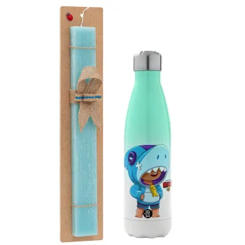 Brawl Stars Leon Shark, Easter Set, Metallic green/white thermos (Stainless steel), double-walled, 500ml & scented flat Easter candle (30cm) (TURQUOISE)