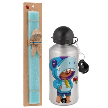 Brawl Stars Leon Shark, Easter Set, metallic silver aluminum water bottle (500ml) & scented flat Easter candle (30cm) (TURQUOISE)