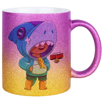 Brawl Stars Leon Shark, Κούπα Χρυσή/Ροζ Glitter, κεραμική, 330ml