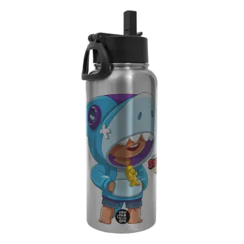 Brawl Stars Leon Shark, Metal mug thermo Silver with Straw and Spout Lid (Stainless steel), double wall, 950ml