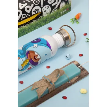 Brawl Stars Leon Shark, Easter Set, metallic silver aluminum water bottle (500ml) & scented flat Easter candle (30cm) (TURQUOISE)