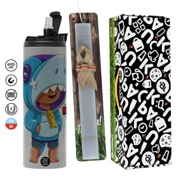 Brawl Stars Leon Shark, Easter candle with Grey Tumbler Thermo 600ml & aromatic flat candle (30cm) (GREY)