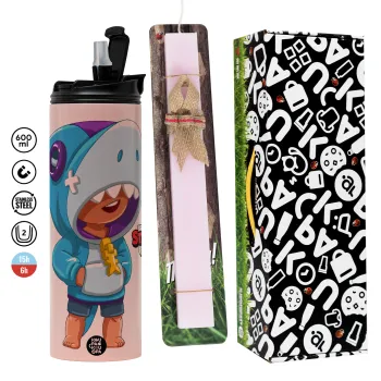 Brawl Stars Leon Shark, Easter candle,Travel Tumbler 2 Lids, with metal straw & cleaning brush & aromatic flat candle (30cm) (PINK)