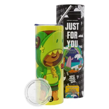 Brawl Stars Leon Shark, Neon Yellow Travel Tumbler θερμό, μεταλλικό καλαμάκι(Ανωξείδωτο 304 Food grade, BPA free, 600ml)