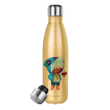 Brawl Stars Leon Shark, Μεταλλικό παγούρι θερμός Glitter χρυσό (Stainless steel), διπλού τοιχώματος, 500ml