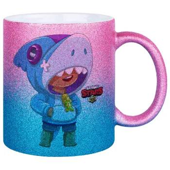 Brawl Stars Leon Shark, Κούπα Χρυσή/Μπλε Glitter, κεραμική, 330ml