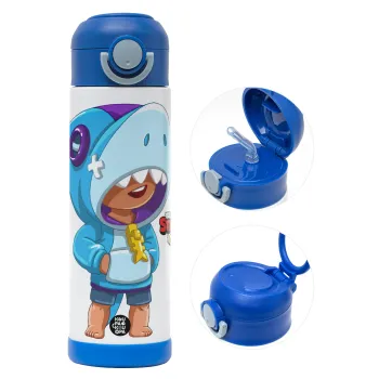 Brawl Stars Leon Shark, Παιδικό παγούρι θερμό, ανοξείδωτο, με καλαμάκι ασφαλείας, ΜΠΛΕ (500ml)