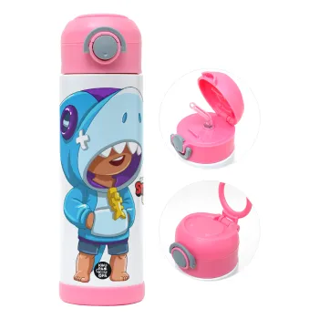 Brawl Stars Leon Shark, Παιδικό παγούρι θερμό, ανοξείδωτο, με καλαμάκι ασφαλείας, ΡΟΖ (500ml)