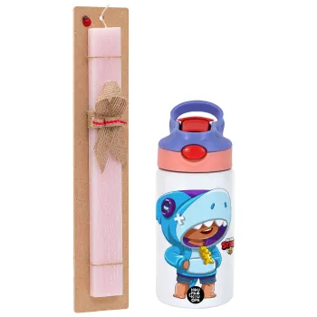 Brawl Stars Leon Shark, Πασχαλινή Λαμπάδα με Παιδικό παγούρι θερμό, ανοξείδωτο, με καλαμάκι ασφαλείας, ροζ/μωβ (350ml) & κερί αρωματικό πλακέ (30cm) (ΡΟΖ)