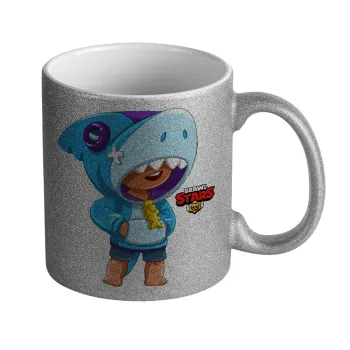 Brawl Stars Leon Shark, Κούπα Ασημένια Glitter που γυαλίζει, κεραμική, 330ml