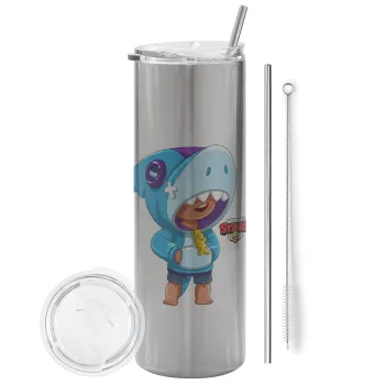 Brawl Stars Leon Shark, Tumbler stainless steel Silver 600ml, with metal straw & cleaning brush