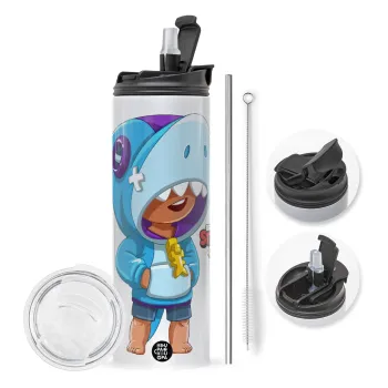 Brawl Stars Leon Shark, Travel Tumbler 2 Lids, with metal straw & cleaning brush (Stainless steel 304 Food grade, BPA free, 600ml)