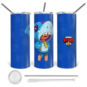 Brawl Stars Leon Shark, Tumbler stainless steel 600ml, with metal straw & cleaning brush