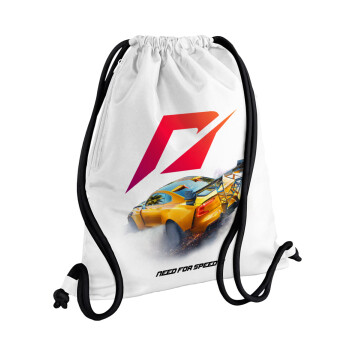 Need For Speed, Τσάντα πλάτης πουγκί GYMBAG λευκή, με τσέπη (40x48cm) & χονδρά κορδόνια
