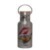 Stainless steel metallic thermos flask, silver with a bamboo lid, double-walled, 350ml.