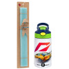Easter Set, Children's thermal stainless steel bottle with safety straw, green/blue (350ml) & aromatic flat Easter candle (30cm) (TURQUOISE)