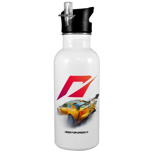 Need For Speed — White water bottle with straw, stainless steel 600ml