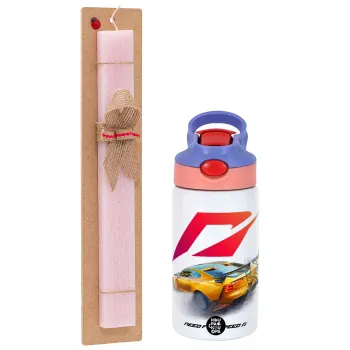 Need For Speed, Easter Set, Children's thermal stainless steel water bottle with safety straw, pink/purple (350ml) & Easter scented flat candle (30cm) (PINK)