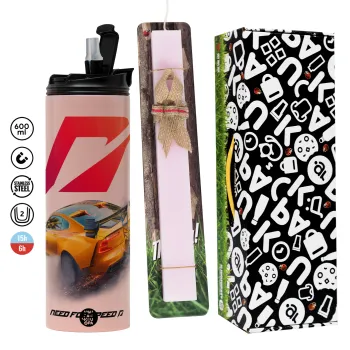 Need For Speed, Easter candle,Travel Tumbler 2 Lids, with metal straw & cleaning brush & aromatic flat candle (30cm) (PINK)