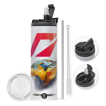 Need For Speed, Travel Tumbler θερμό με διπλό καπάκι, μεταλλικό καλαμάκι και βούρτσα καθαρισμού (Ανωξείδωτο 304 Food grade, BPA free, 600ml)