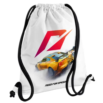 Need For Speed, Τσάντα πλάτης πουγκί GYMBAG λευκή, με τσέπη (40x48cm) & χονδρά κορδόνια