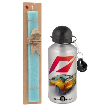 Need For Speed, Easter Set, metallic silver aluminum water bottle (500ml) & scented flat Easter candle (30cm) (TURQUOISE)