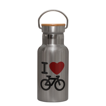 I love Bike, Μεταλλικό παγούρι θερμός (Stainless steel) Ασημένιο με ξύλινο καπακι (bamboo), διπλού τοιχώματος, 350ml