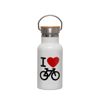 I love Bike, Μεταλλικό παγούρι θερμός (Stainless steel) Λευκό με ξύλινο καπακι (bamboo), διπλού τοιχώματος, 350ml