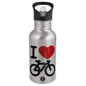 I love Bike, Water bottle Silver with straw, stainless steel 500ml