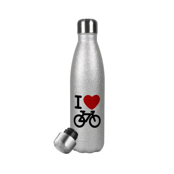 I love Bike, Μεταλλικό παγούρι θερμός Glitter Aσημένιο (Stainless steel), διπλού τοιχώματος, 500ml
