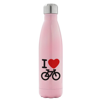 I love Bike, Μεταλλικό παγούρι θερμός Ροζ Ιριδίζον (Stainless steel), διπλού τοιχώματος, 500ml