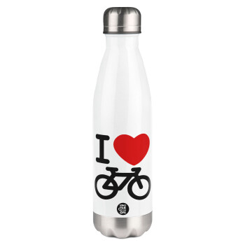 I love Bike, Μεταλλικό παγούρι θερμός Λευκό (Stainless steel), διπλού τοιχώματος, 500ml