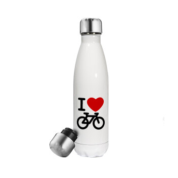 I love Bike, Μεταλλικό παγούρι θερμός Λευκό (Stainless steel), διπλού τοιχώματος, 500ml